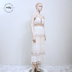Me 2 Magic Boho Tiered Embroide Spaghetti Straps Lace Eyelets Tassels Midi Dress